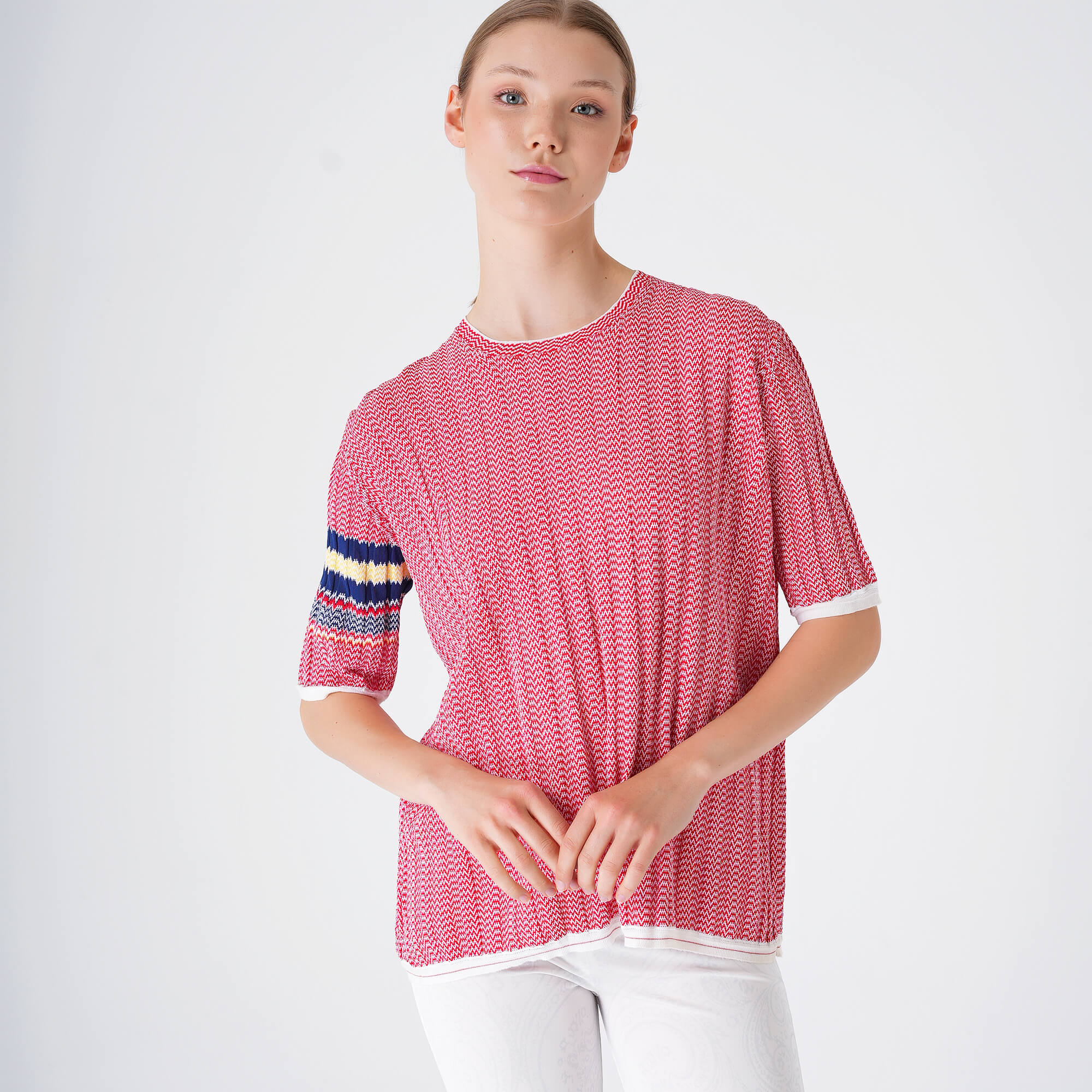 Celine - Red & White Striped Zigzag Viscose T-shirt